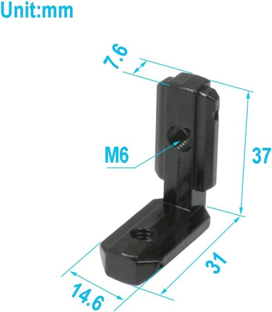 L-vorm 90 graden gezamenlijke beugels met M6 schroeven voor 8 mm sleuf 3030 serie aluminium extrusieprofiel, 10 stks/pak (zwart-3030serie) — afbeelding 2