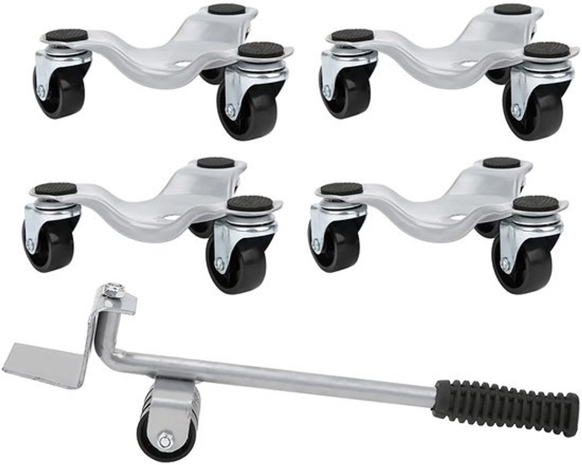 Jhubersproducts - Meubelbewegingsrolset - Meubeltransportset - Ergonomisch hefhendelsysteem - Zilver - Zwenkwielen - Voor zware voorwerpen tot 400 kg