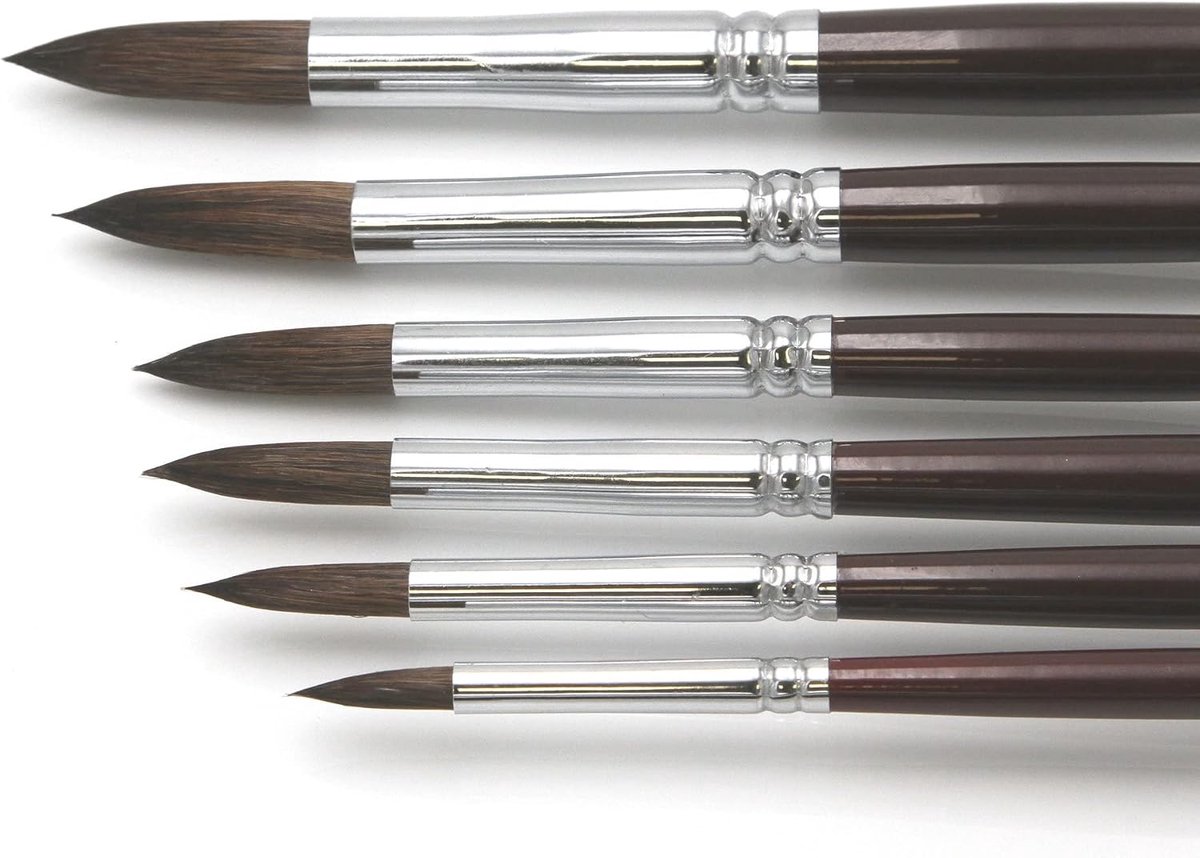 Kunstenaars penseelset 2" voor acryl & olieverf, 6 hoogwaardige penselen uit natuurlijk haar, maten 2-18, ronde punten, premium set 2