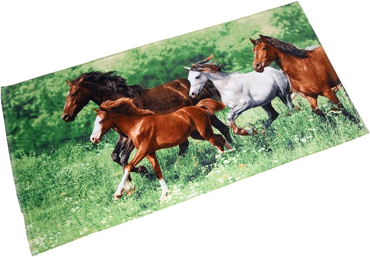Strandlaken Wildnis - 75x150 cm Badlaken van 100% katoen - Zacht Velours & Zuigend Frottee - Kinderstrandlaken Oeko-TEX Gecertificeerd - Motief: Galopperende Wilde Paarden