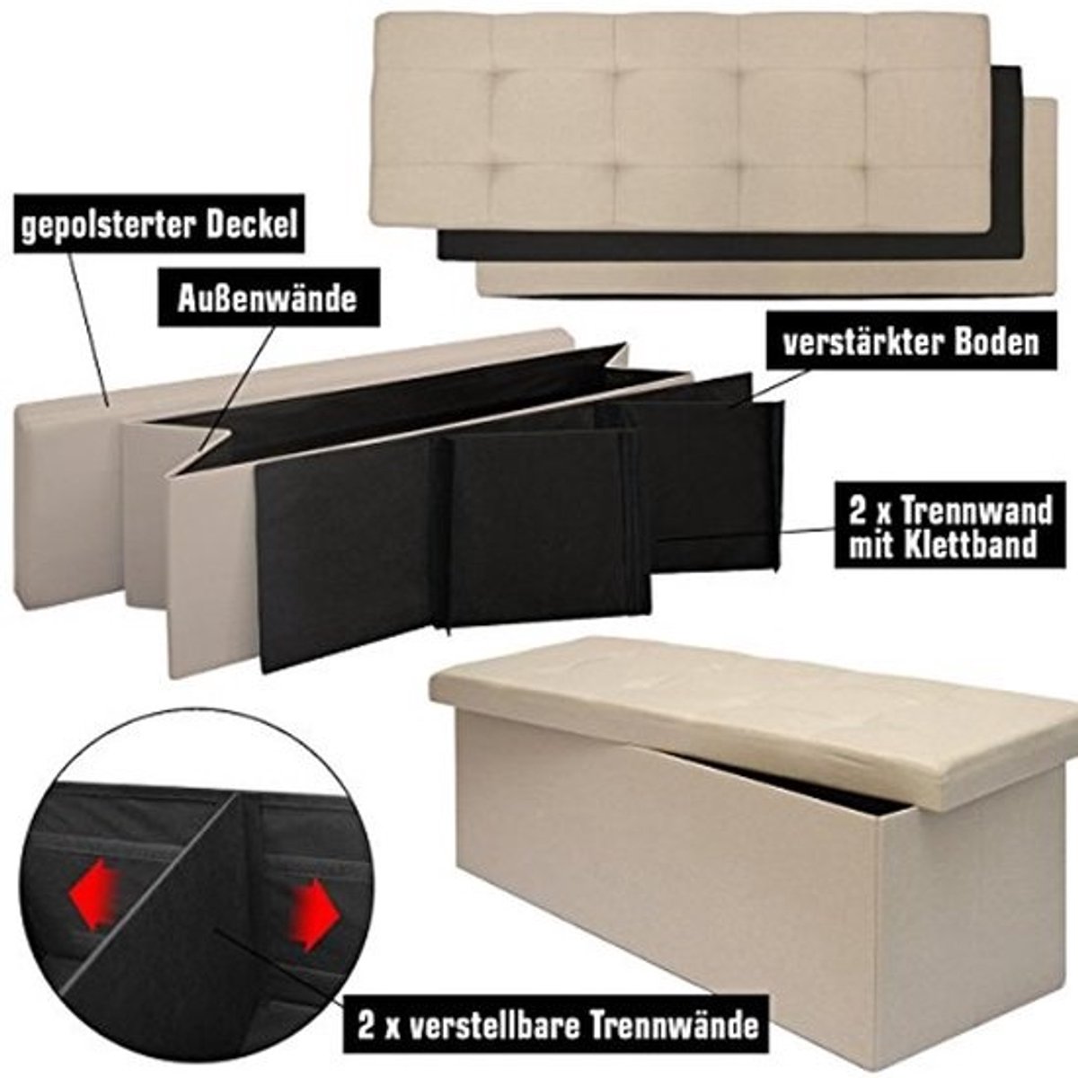 Opvouwbare Zitbank XXL met Opbergruimte - 110x38x38 cm - Beige Linnenlook