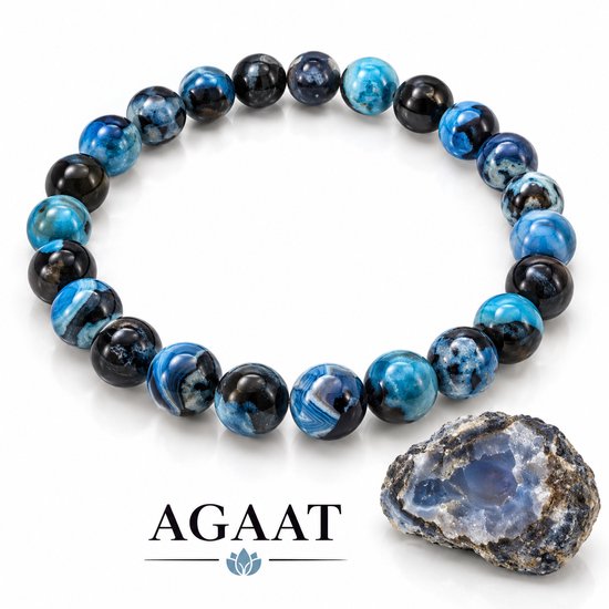 Elastische armband met afwisselend blauwe, zwart-blauwe en witte agaatkralen.