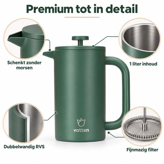 Gedetailleerde donkergroene Vatten French Press, 1 liter inhoud, dubbelwandig RVS, schenkt zonder morsen, fijnmazig filter.