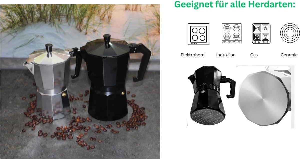 Koffie Moka Pot - Espresso Percolator - Thuis Koffie Zetten - Gelijkmatige Warmteverdeling - 150 ml - Zwart