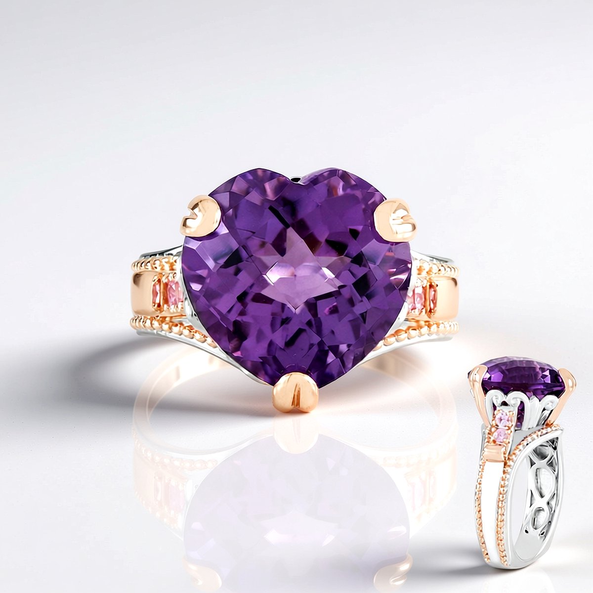 Cavill - Romantische Zilveren Ring met 8,1 ct Lavendel Amethist Hartvormig - 925 Sterling Zilver Palladium Laag - Roze Saffier 0,14 ct