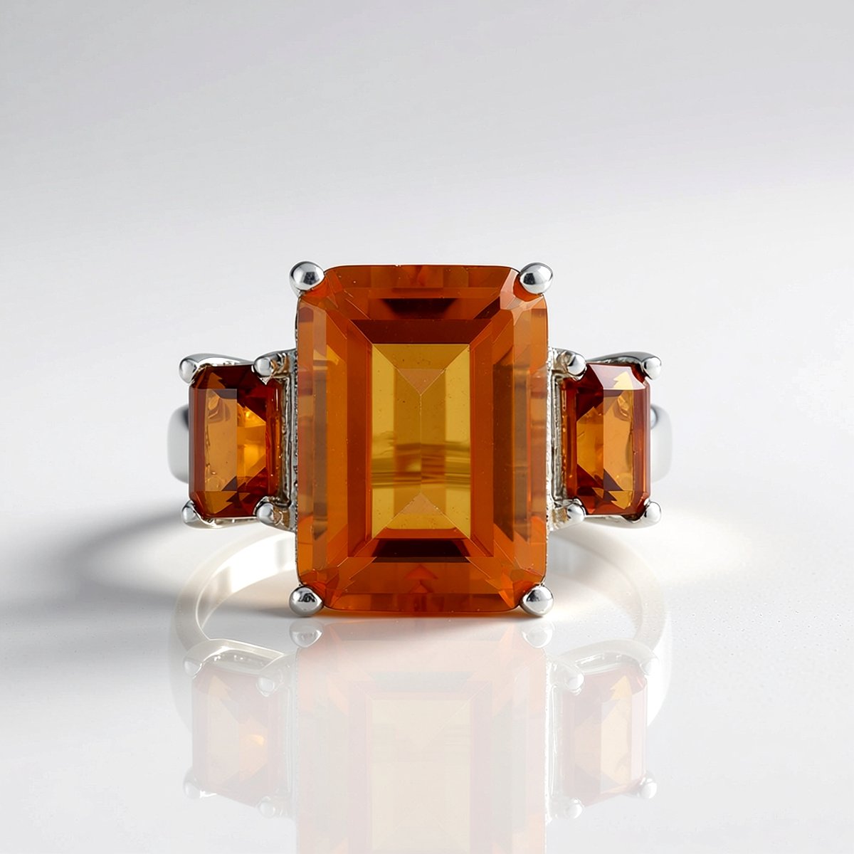 Cavill - Oranje Kwarts & Madeira Citrien Ring - 925 Sterling Zilver met Platina Coating - Braziliaanse Achthoekige Edelstenen - Luxe Damesring
