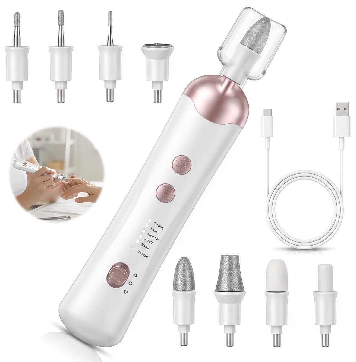 Elektrische Nagelfrees 8-in-1 - Elektrische Nagelvijl voor Manicure en Pedicure - Draagbare Nagelslijper met 5 Snelheden - Nagelpolijstmachine voor Nagels en Kunstnagels - 2000 mAh - Wit