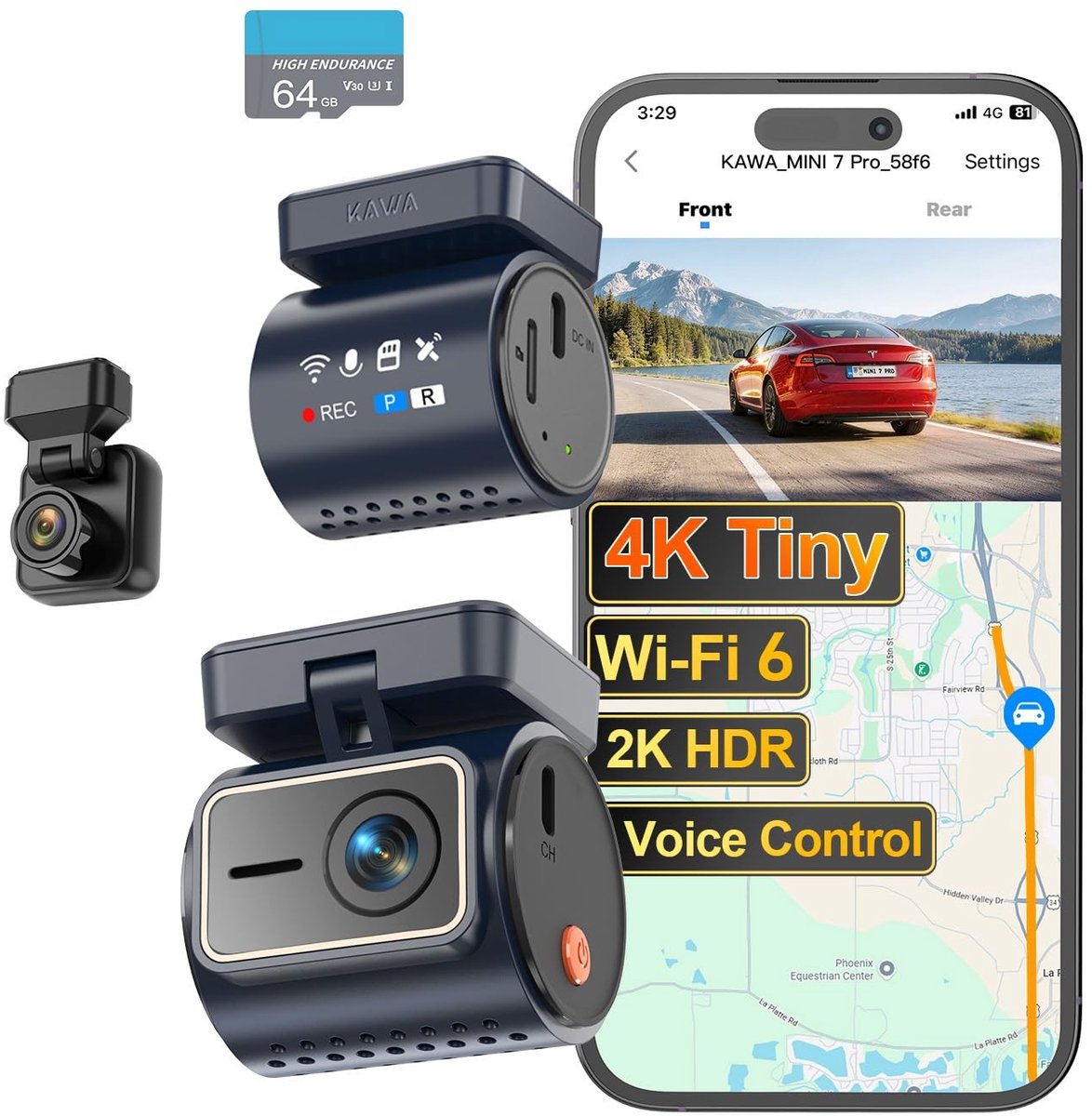 Dashcam 4K + 1080P – Voor- en Achtercamera – WiFi 6 en GPS – Nachtzicht – 64 GB Geheugenkaart – Zwart