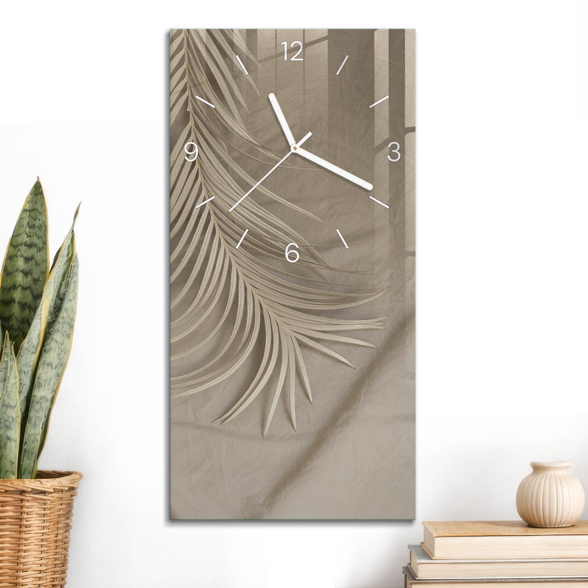 ArtPrintCave Beige Glazen Klok - 30x60 cm - Rechthoekige Wandklok - Beige Bladeren Wandklok Keuken - Bloemen En Planten Unieke Klok - Witte Klokwijzers
