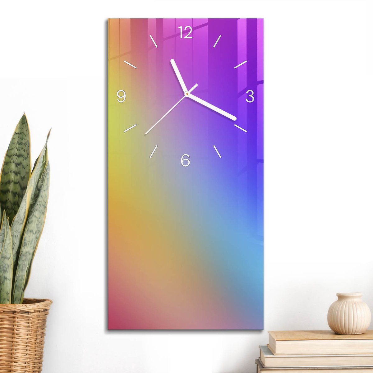 ArtPrintCave Geel Glazen Klok - 30x60 cm - Rechthoekige Wandklok - Regenbooggloed Stille Wandklok - Achtergronden En Patronen Wandklok Keuken - Witte Klokwijzers