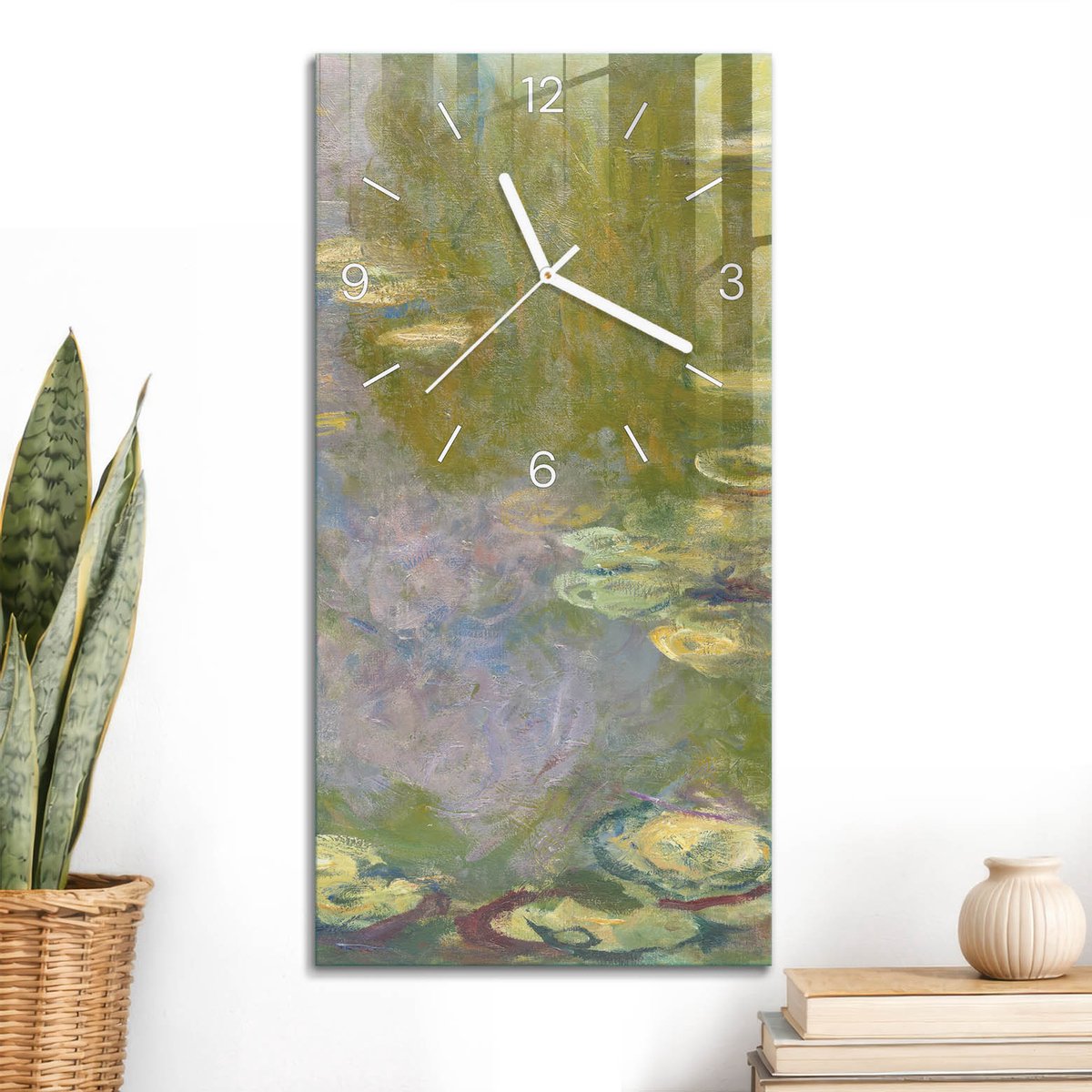 ArtPrintCave Groene Glazen Klok - 30x60 cm - Rechthoekige Wandklok - Waterlelievijver Wandklok Keuken - Kunst Unieke Klok - Witte Klokwijzers