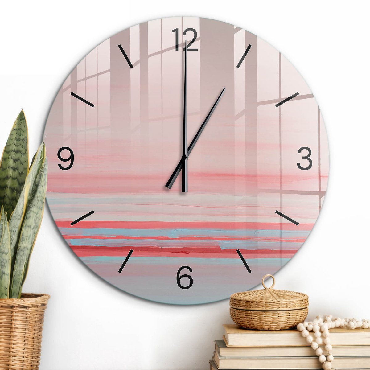 ArtPrintCave Roze Glazen Klok - Wandklok 60 cm - Muurklok Rond - Kleurrijke Strepen Unieke Klok - Kunst Stille Wandklok - Zwarte Klokwijzers