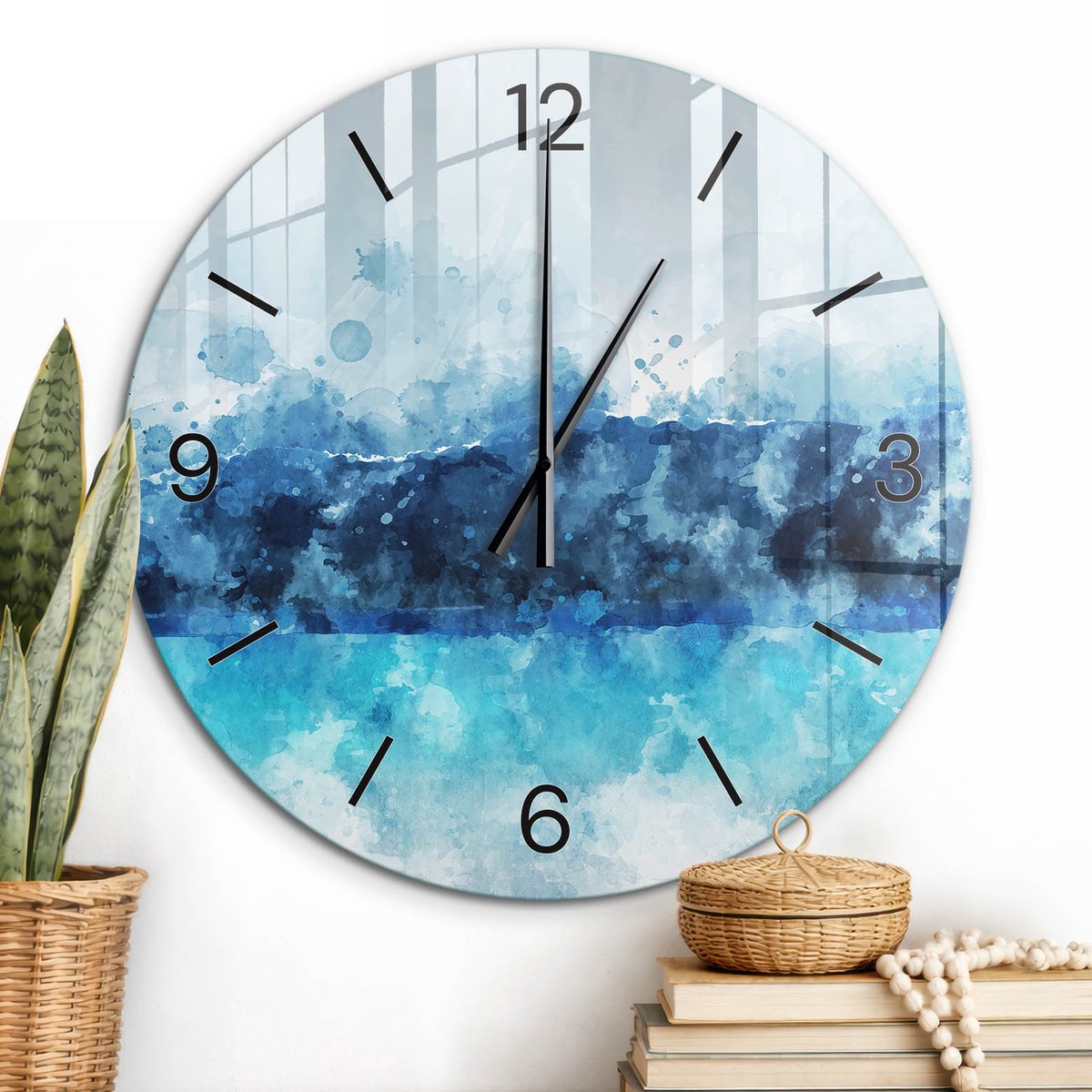 ArtPrintCave Blauw Glazen Klok - Wandklok 60 cm - Muurklok Rond - Zeegezicht Unieke Klok - Natuur Stille Wandklok - Zwarte Klokwijzers