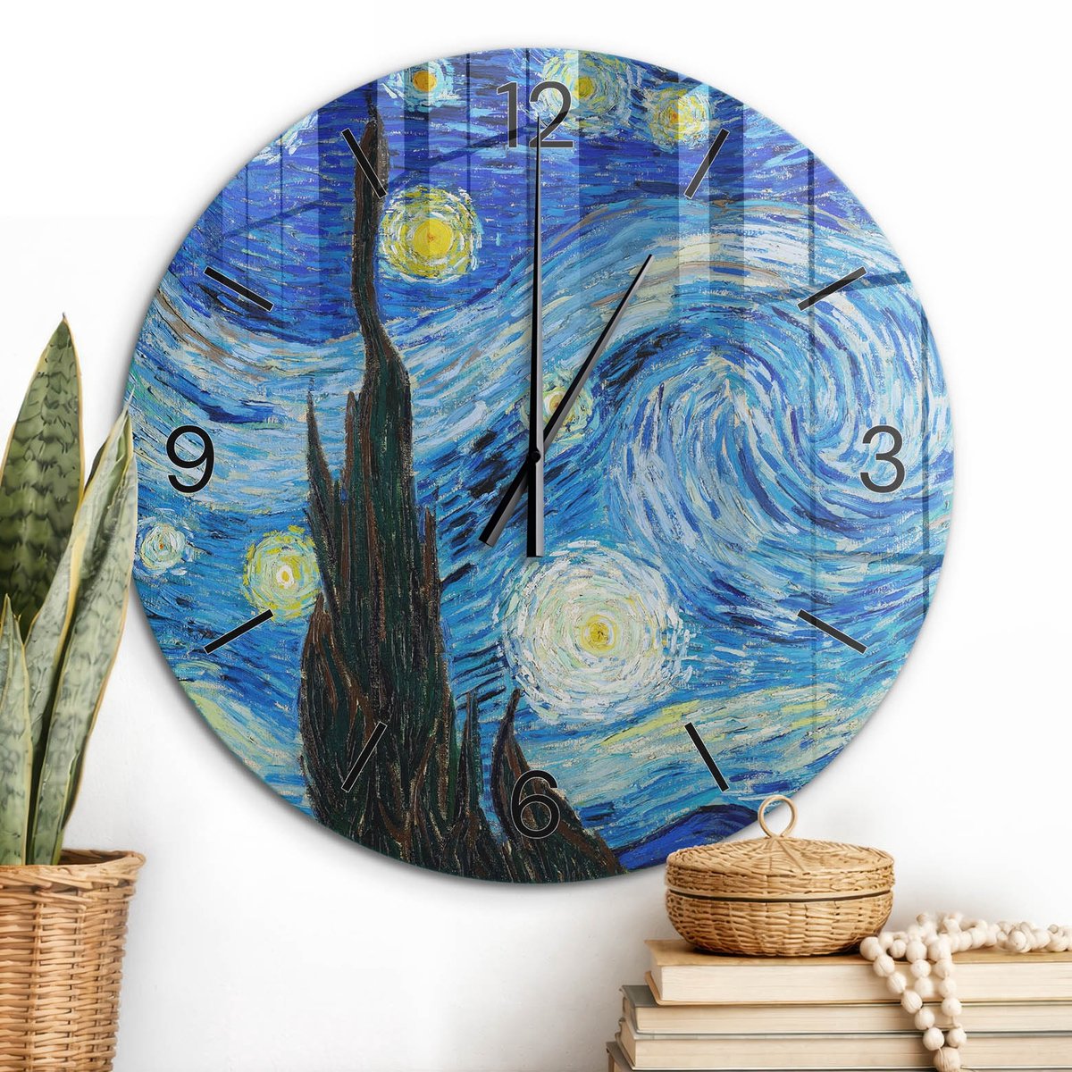 ArtPrintCave Blauw Glazen Klok - Wandklok 60 cm - Muurklok Rond - Sterrenhemel Unieke Klok - Abstractie Stille Wandklok - Zwarte Klokwijzers