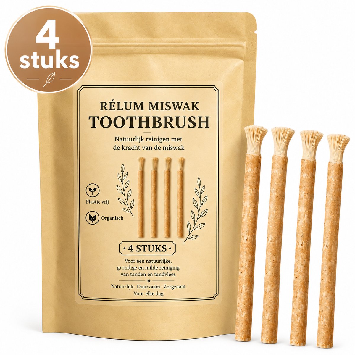 Rélum® Miswak Toothbrush (4 stuks) – Siwak – Natuurlijke Tandenborstel – Biologisch & Fluoridevrij – Antibacterieel – Tandverzorging – Mondverzorging Zonder Tandpasta – Siwaak – Vegan