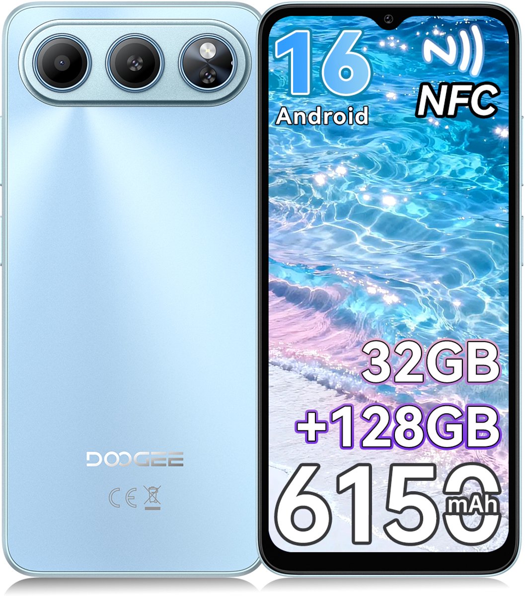 DOOGEE Note 60 Smartphone - 6,56" - Android 16 - 32GB(3+29) RAM - 128GB ROM - 6150 mAh - Lichtgewicht 190 g - 3,5 mm hoofdtelefoonaansluiting - NFC - GPS - Blauw