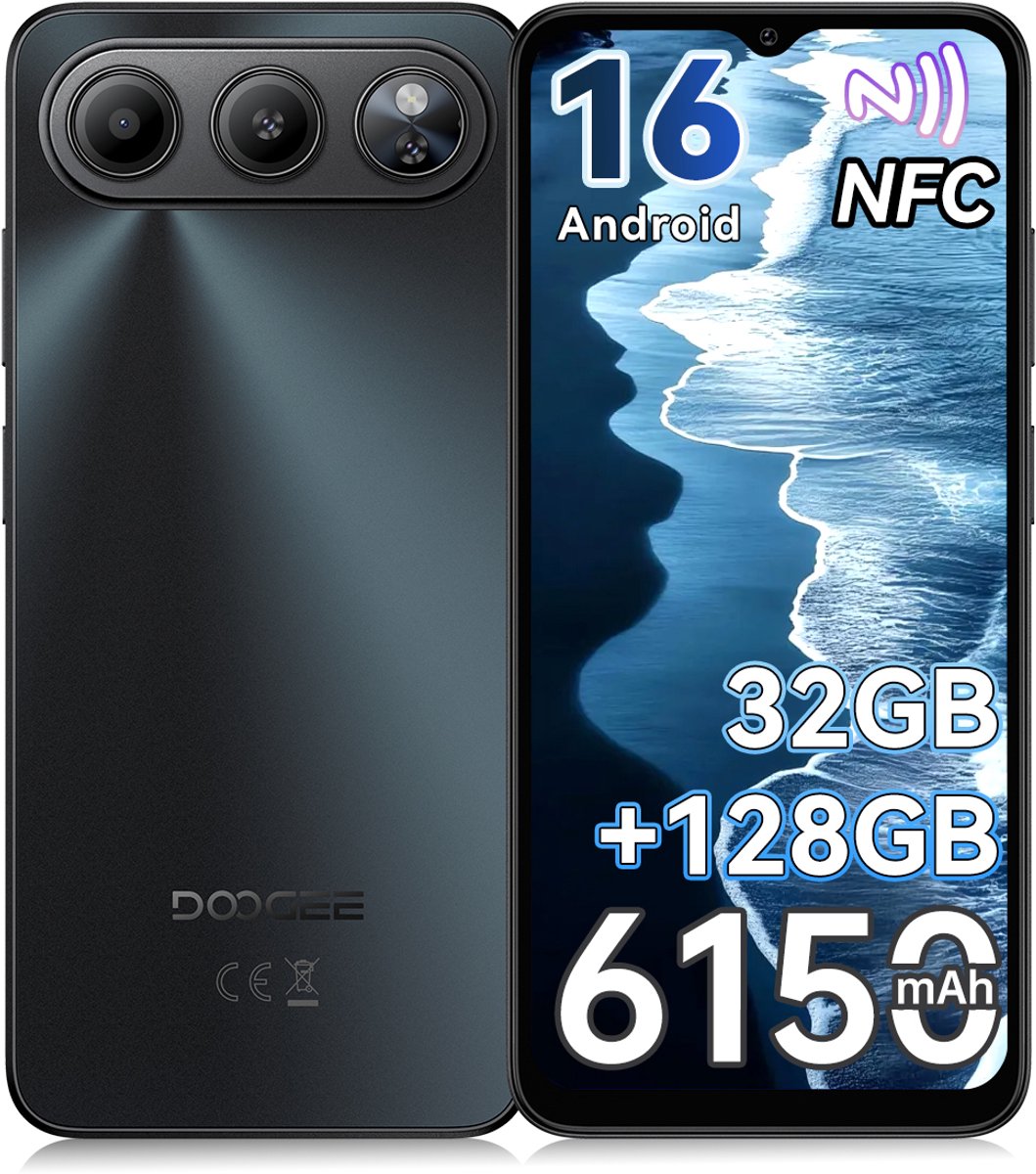 DOOGEE Note 60 Smartphone - 6,56" - Android 16 - 32GB(3+29) RAM - 128GB ROM - 6150 mAh - Lichtgewicht 190 g - 3,5 mm hoofdtelefoonaansluiting - NFC - GPS - Zwart