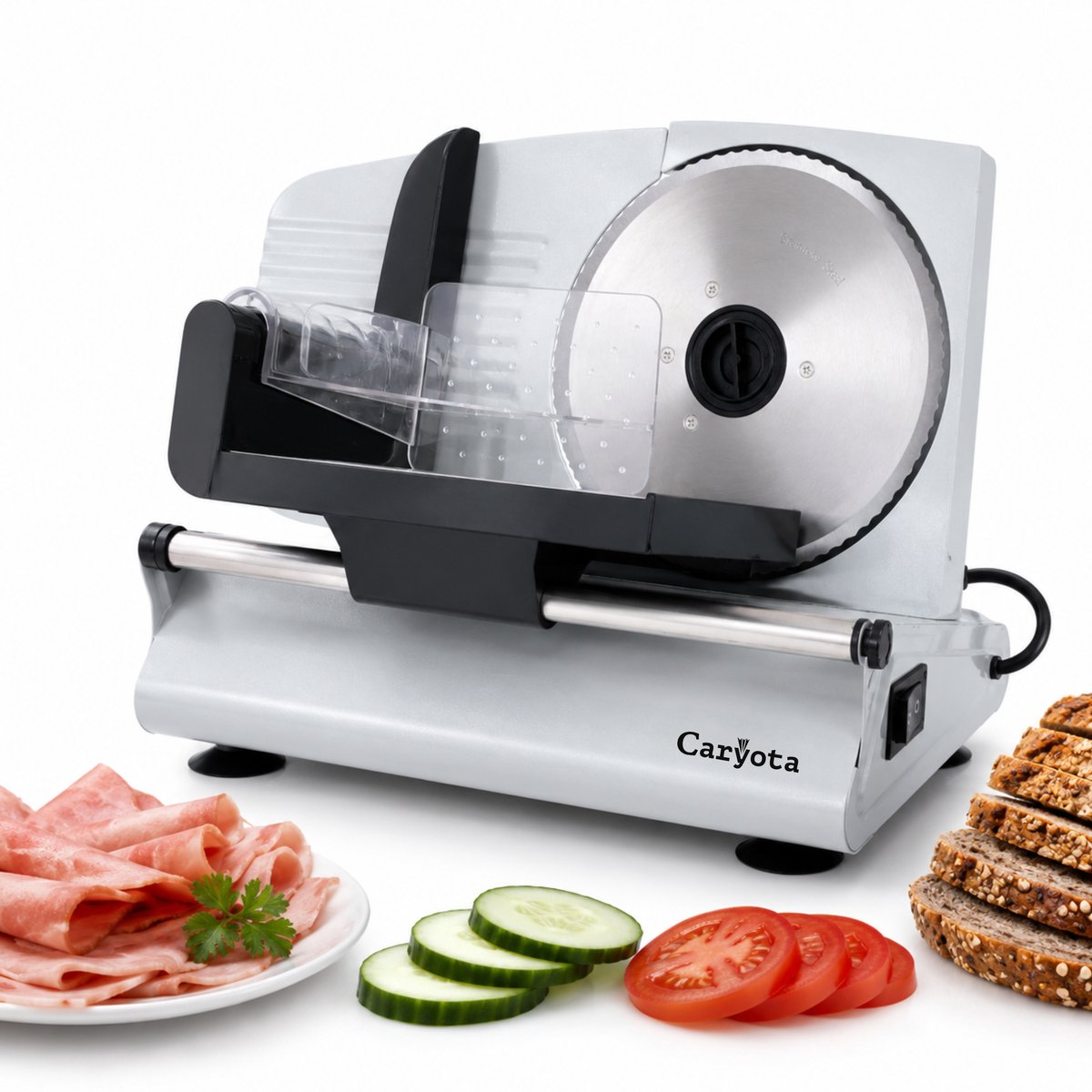 Caryota Snijmachine - Vleessnijmachine - Broodsnijmachine - 2 RVS Messen Ø 19 cm - Verstelbaar 1-15 mm - 220 W - Anti-Slip - Grijs