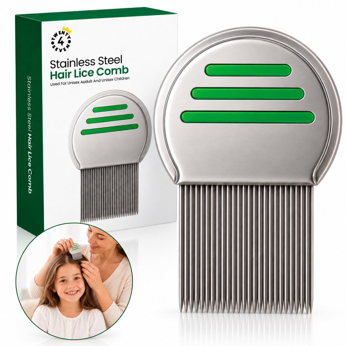 Twenty4seven® Luizenkam met Fijne RVS Tanden - Netenkam voor Kinderen en Volwassenen - Metaal en Herbruikbaar - Zonder Chemicaliën - Voor Elk Haartype