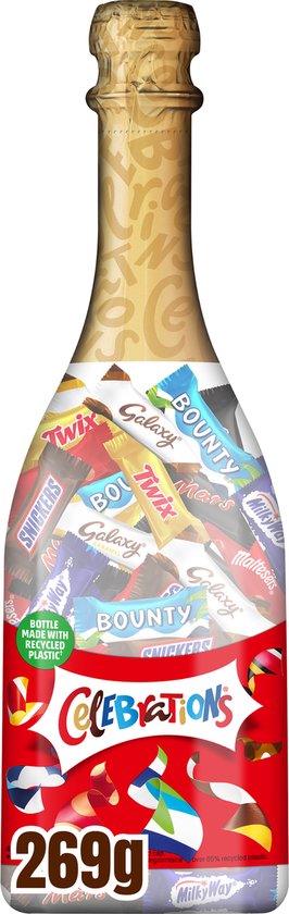 Fles Celebrations gevuld met diverse chocoladerepen. Bevat 269g. Etiket vermeldt: 'Bottle made with recycled plastic'.