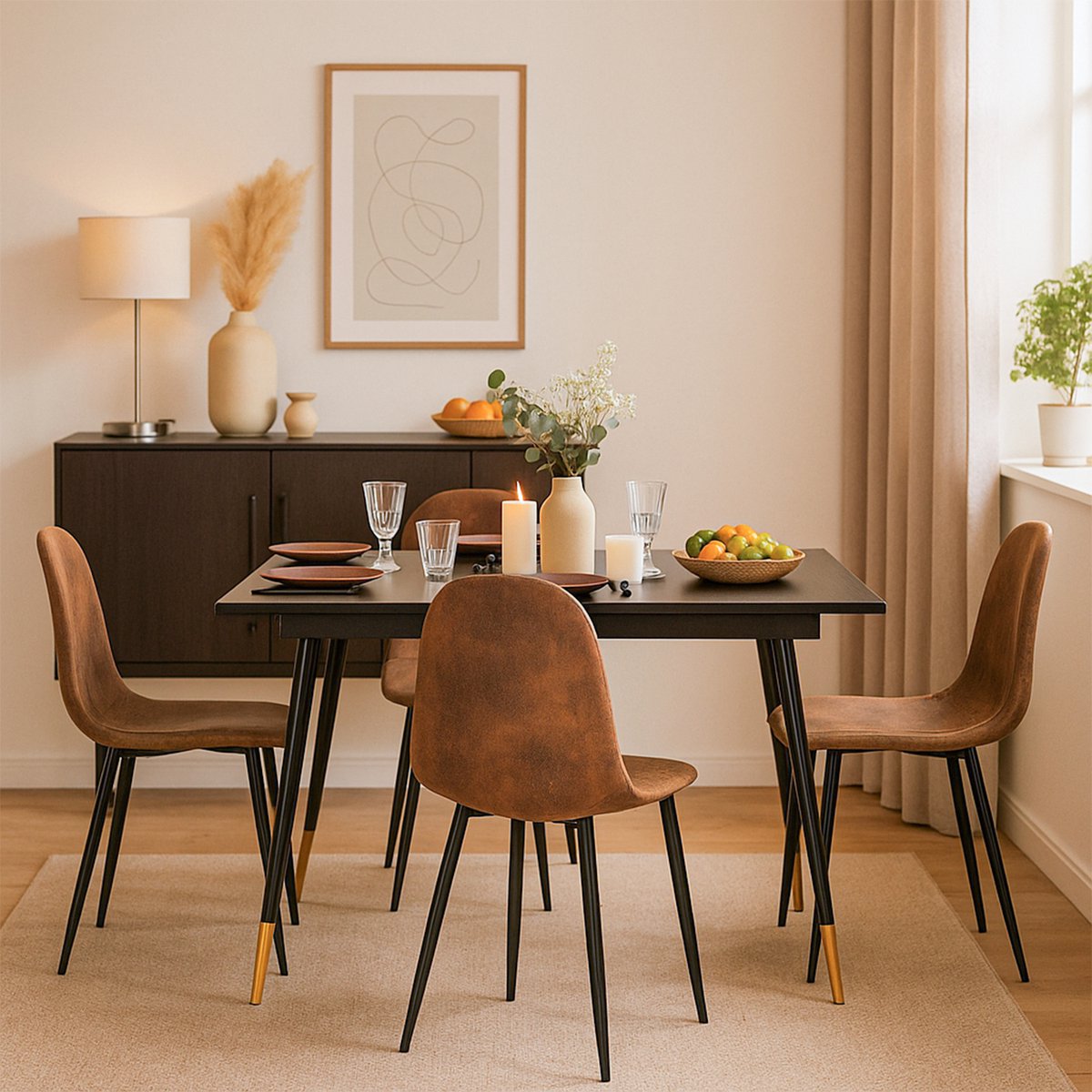 MEUBLE COSY Eetkamerset - Uittrekbare Tafel Met 4 SuedeStoelen - Zwart en Bruin
