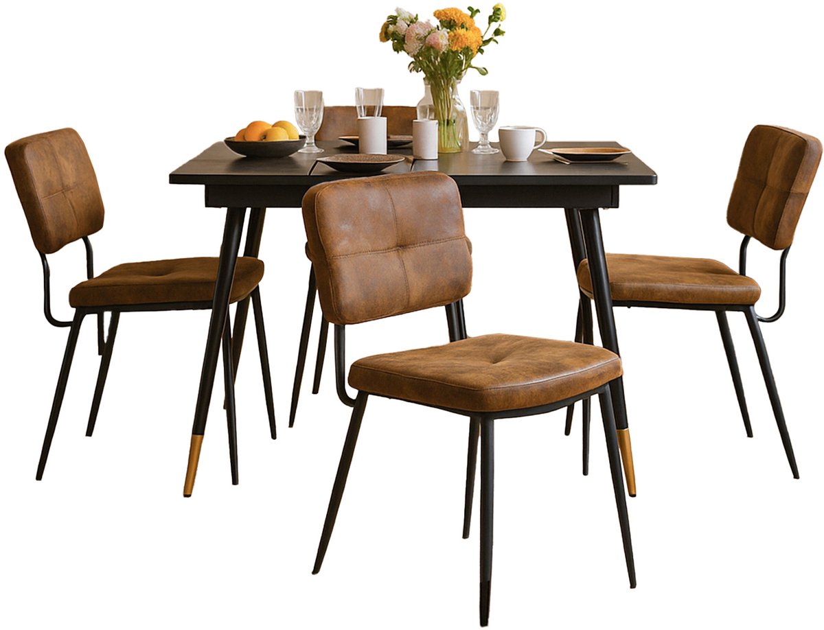 Eetkamerset - Uitschuifbare Eettafel En 4 Stoelen Zonder Arm - Bruin