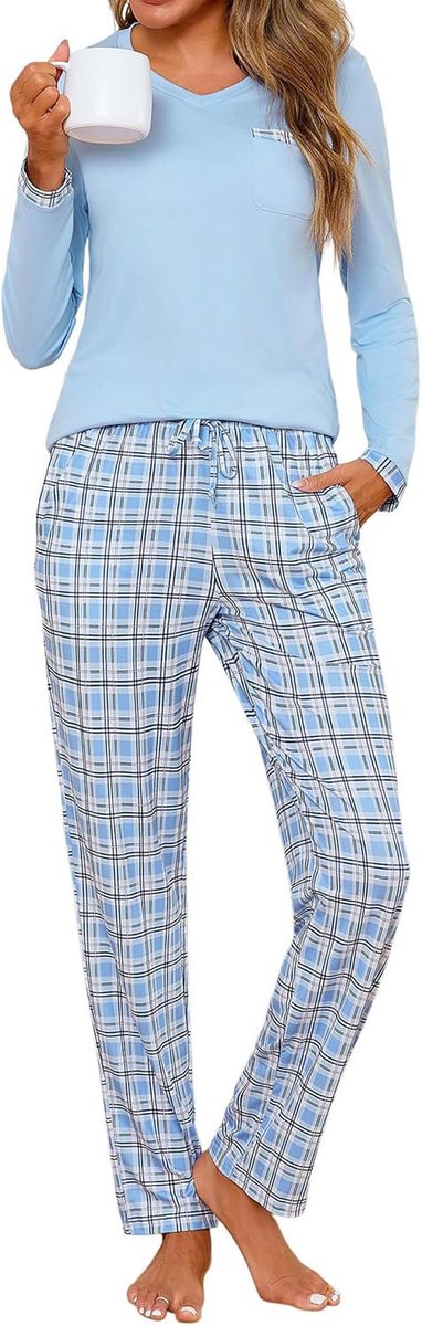 Damespyjama-set met lange mouwen, katoenen pyjama voor dames, V-hals, top en geruite broek met zakken, zachte loungewear sets twee stuks