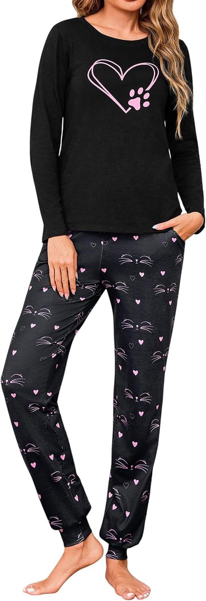 Katoenen Pyjamasets met lange mouwen, dames, nachtkleding met ronde hals, top met kattenprint en pyjamabroek