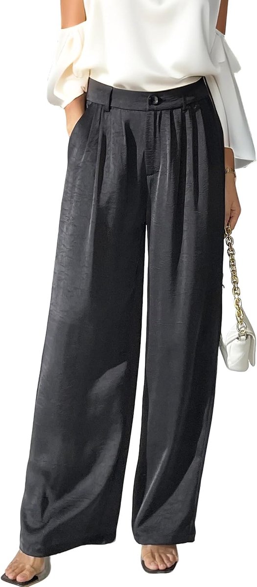 Satijn Zijdeachtige Stratus Getextureerde Wijde Pijpen Broek Hoge Taille Zakelijk Casual