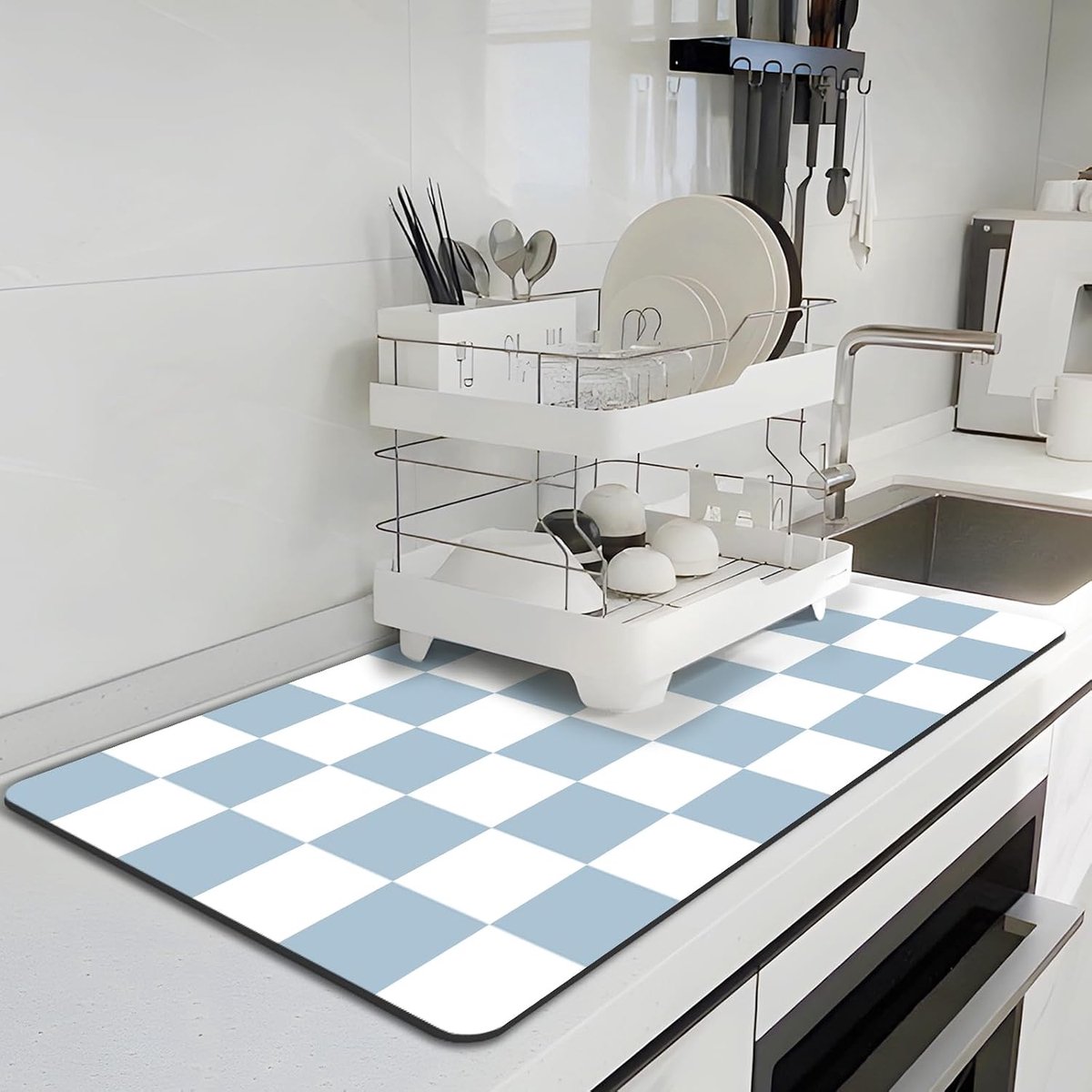 Afdruipmat Voor De Keuken, 40 x 60 Cm Koffiemat Voor Aanrechtbladen, Koffiematten Met Antislip Rubberen Achterkant, Absorberende Afdruipmat Voor Het Aanrecht, Blauw & Wit