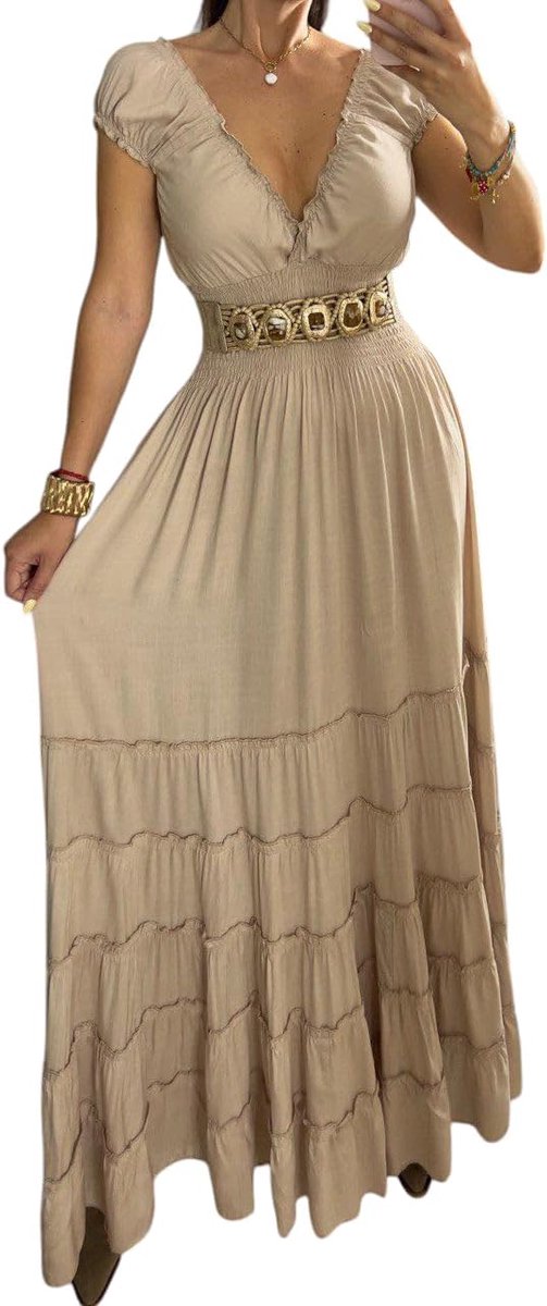 Maxi-jurk met V-hals voor dames, kapmouwen, beige, empire-taille, westerse bruiloft, boho, maxi, bohemien, vintage, hippie.