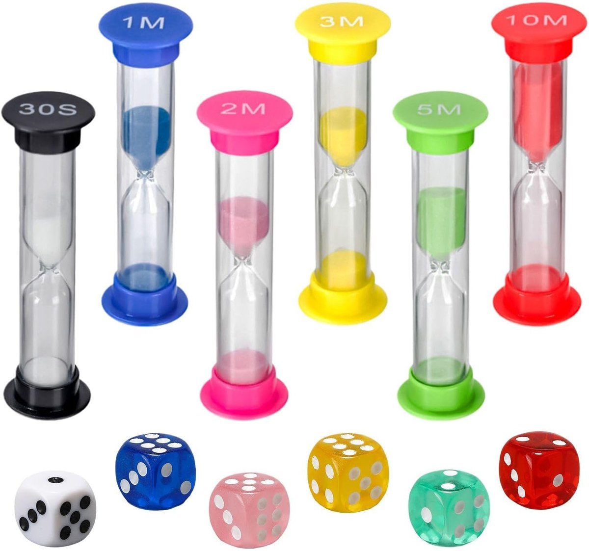 6-delige zandloper en 6-delige dobbelstenen, zandtimer voor kinderen, creatieve timer, ornamenten thuis, leertimer.