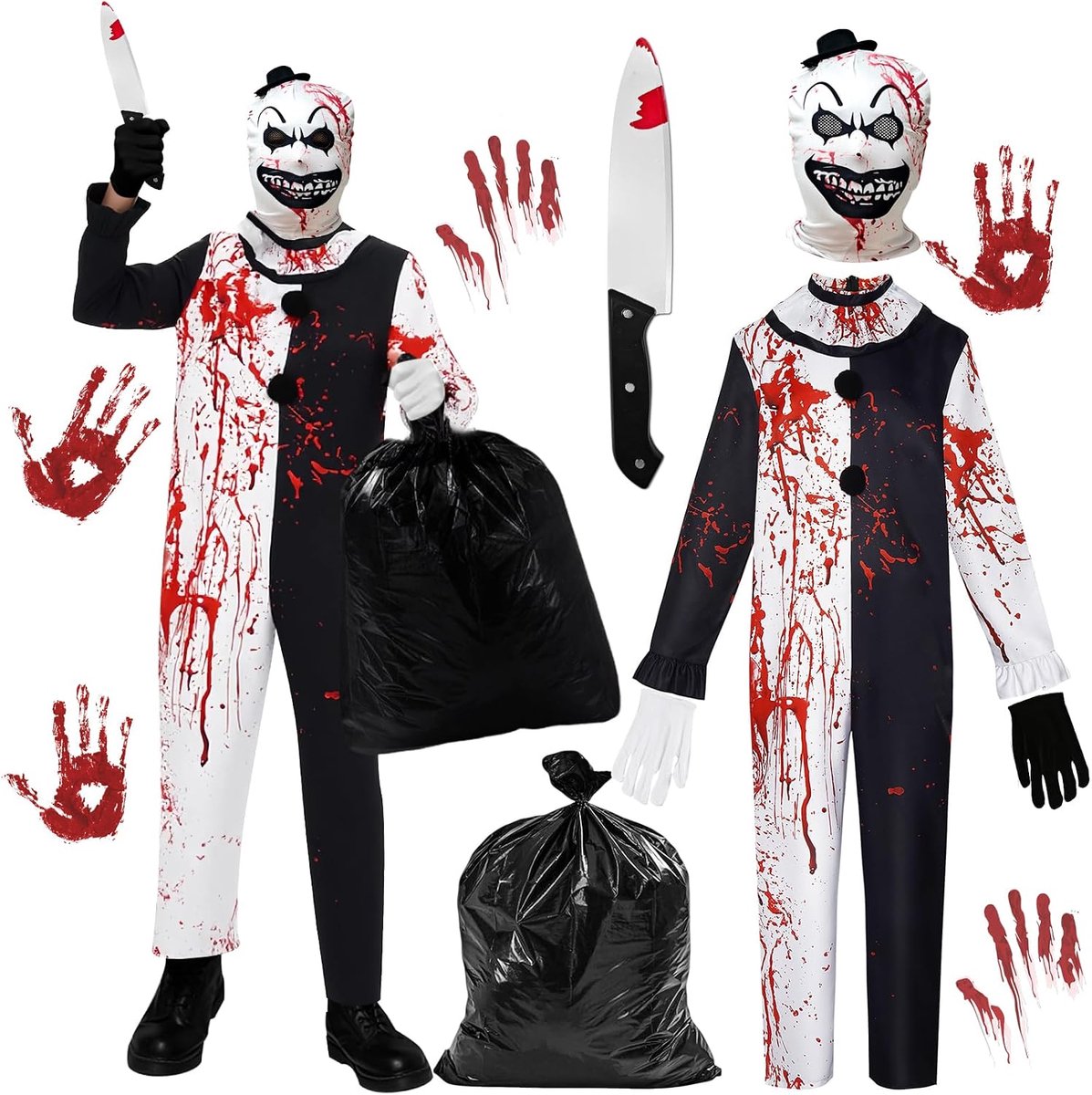 Halloweenkostuum, horrorclown, eng killer-kostuum voor volwassenen, verkleedkleding en griezelig masker, handschoenen, art clownskostuum, zwart-wit, jumpsuit voor Halloween en