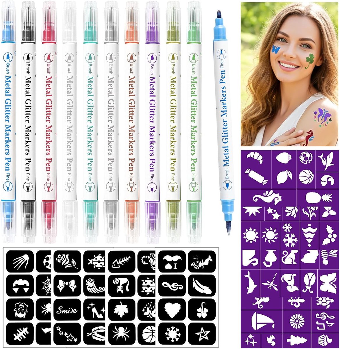 Tijdelijke Tatoeagestiften, Glitter Tattoo set Kinderen met 10 Glitter Tattoo Pennen, 72 Tattoo Stencils Kinderen,Volwassenen, Meisjes, Jongens, Cadeaus, Feestjes