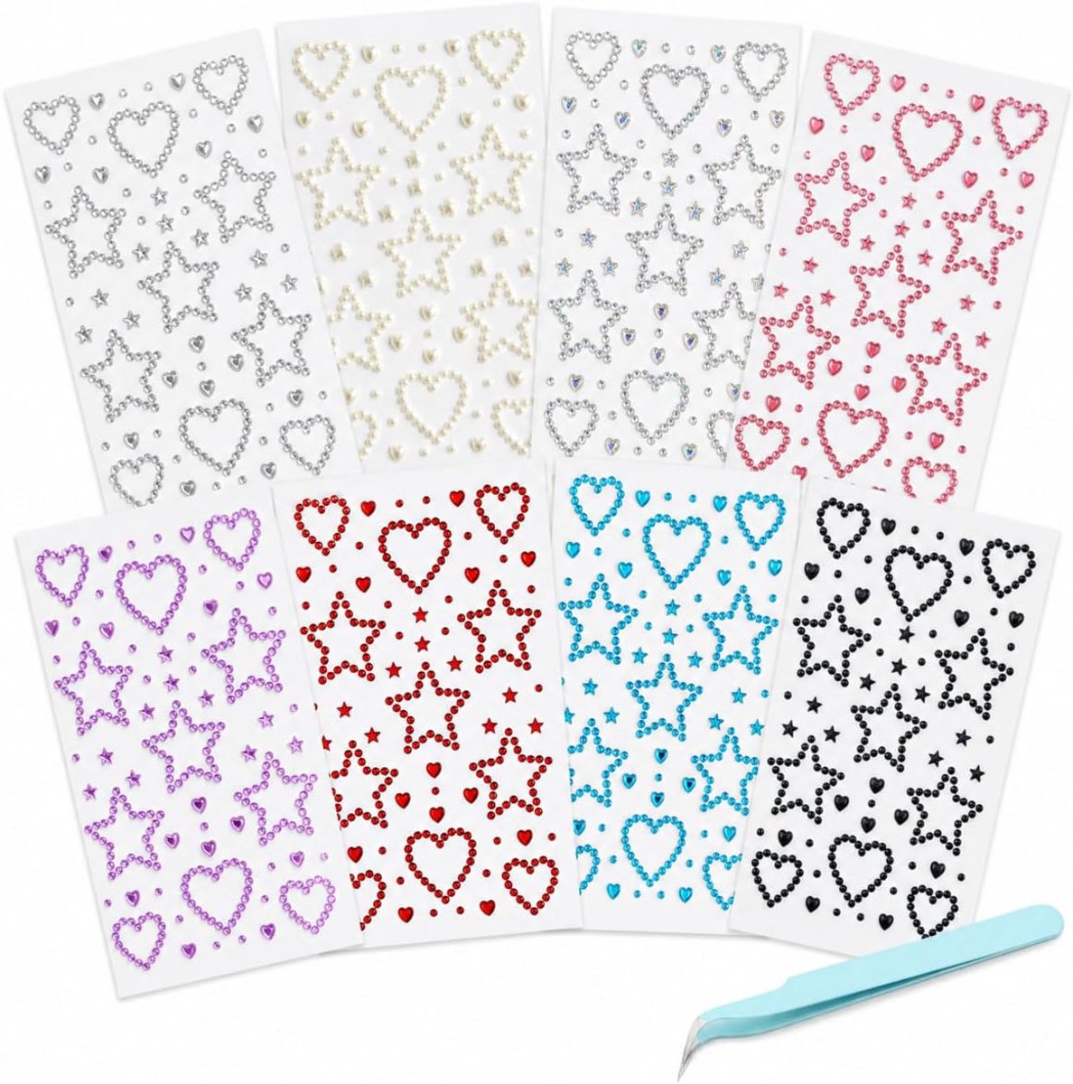 8 vellen glitterstenen, zelfklevend, gezicht, strass-steentjes om op te