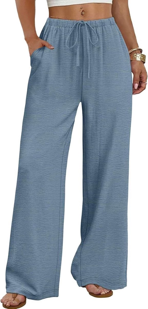 Broek met wijde pijpen voor dames, vloeiende palazzo-broek met manchetten, elastische taille en zakken, zomerkleding, badvakantiekleding