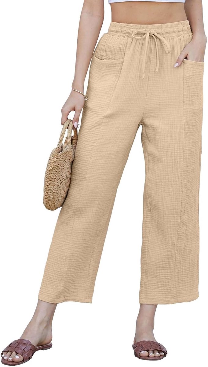 Zomerbroek voor dames, van katoen, linnen, vrijetijdsbroek met brede pijpen, lichte 3/4-broek, elastische tailleband met trekkoord en zakken, elegant, effen, broek