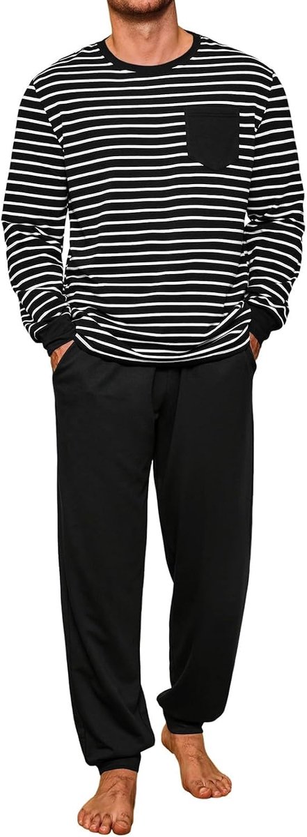 Pyjama heren lange tweedelige pyjama set lange mouwen gestreept T-shirt en effen pyjama broek mannen katoen ronde hals nachtkleding