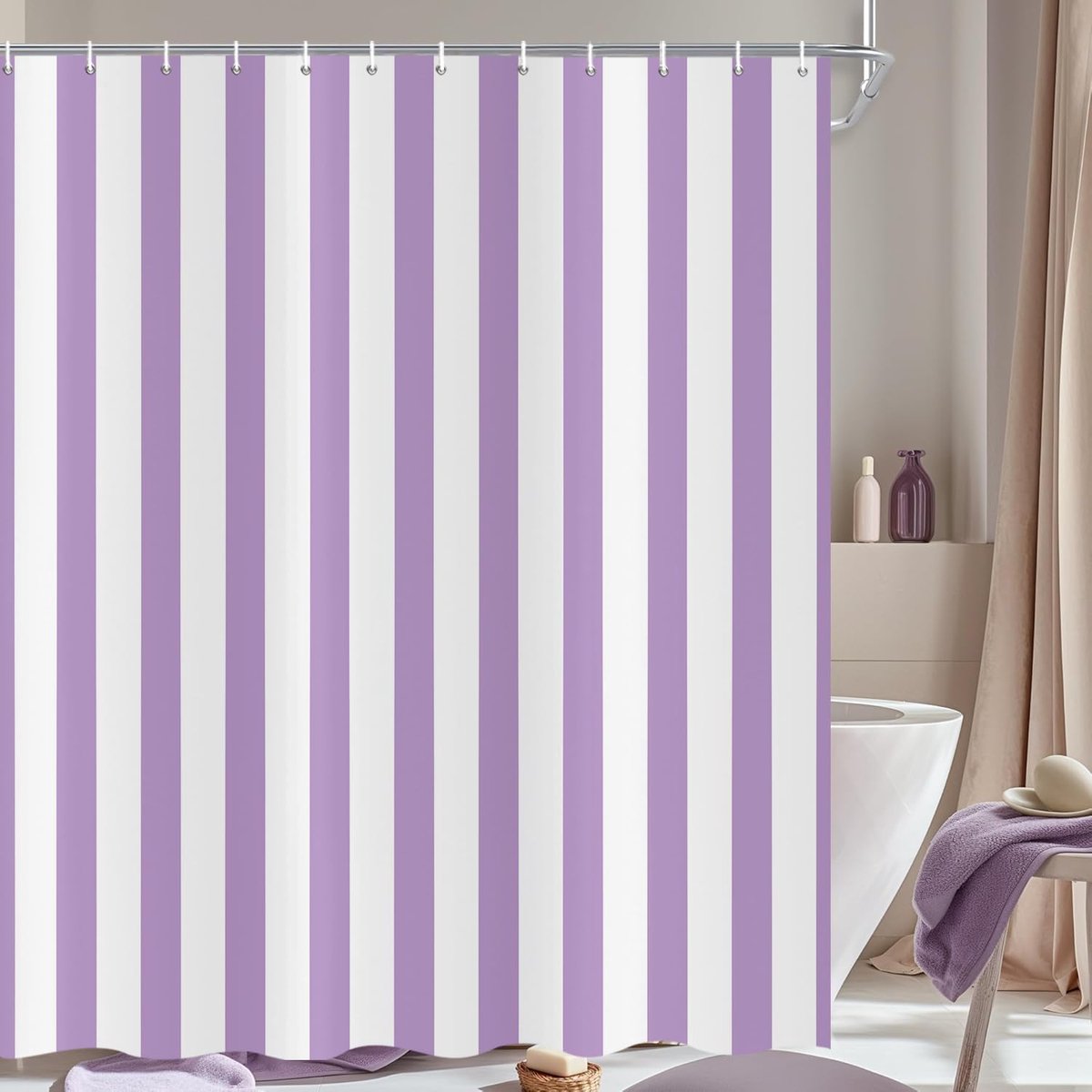 Douchegordijn 180 x 200 cm, moderne minimalistische Japanse stijl paars witte verticale strepen waterdicht badgordijn polyester textiel wasbare douchegordijnen voor bad met 12 haken