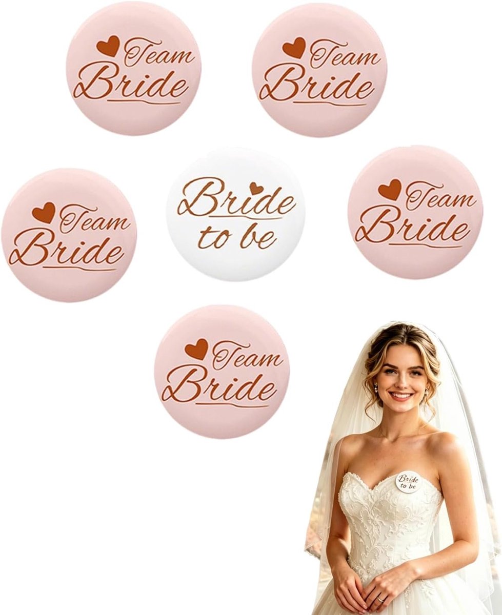 Broches voor vrijgezellenfeest, 6 stuks, 1 witte bruid, 5 roze teambadges, "Bride to be", perfect accessoire voor feestjes en onvergetelijk vrijgezellenfeest.