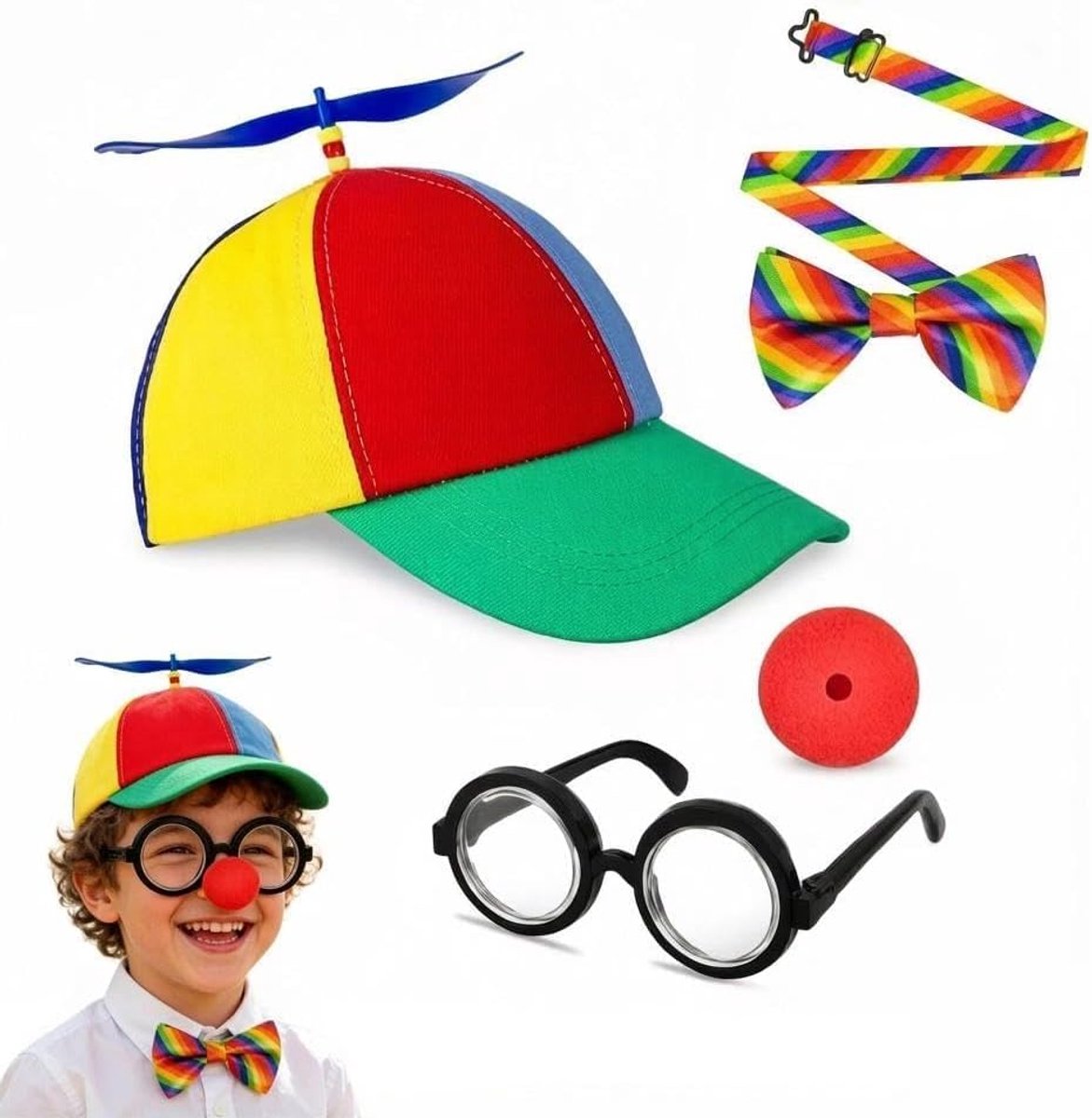 4 stuks schattige all-season mode kleurblok bamboe libelle baseball cap set met propeller, kleurrijke vlinderdas rode neus bril, unisex voor cosplay party dress up, outdoor strand zonnehoed.