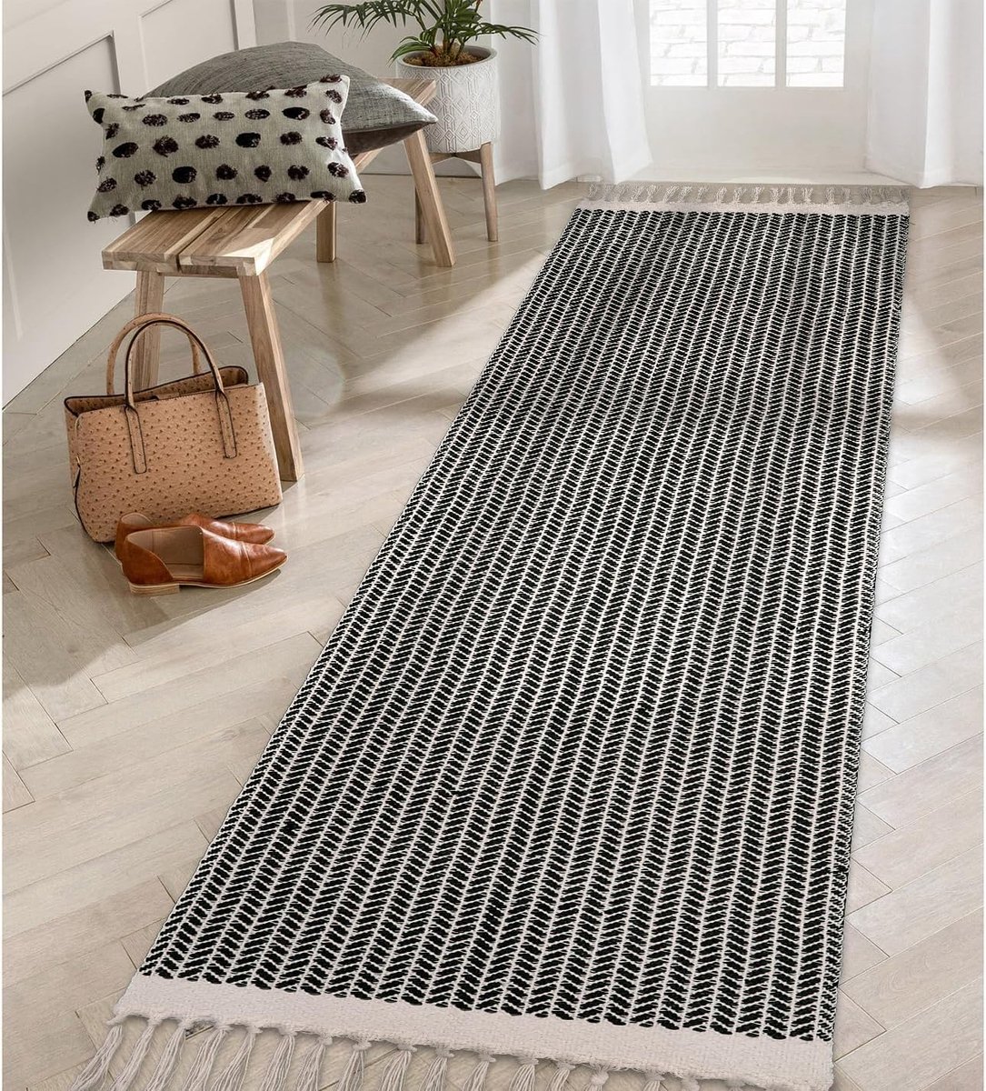 Tapijt, katoenen geweven tapijten, met kwasten, wasbaar zwart-wit boerderijtapijt, laagpolig tapijt (zwart, 60 x 180 cm)