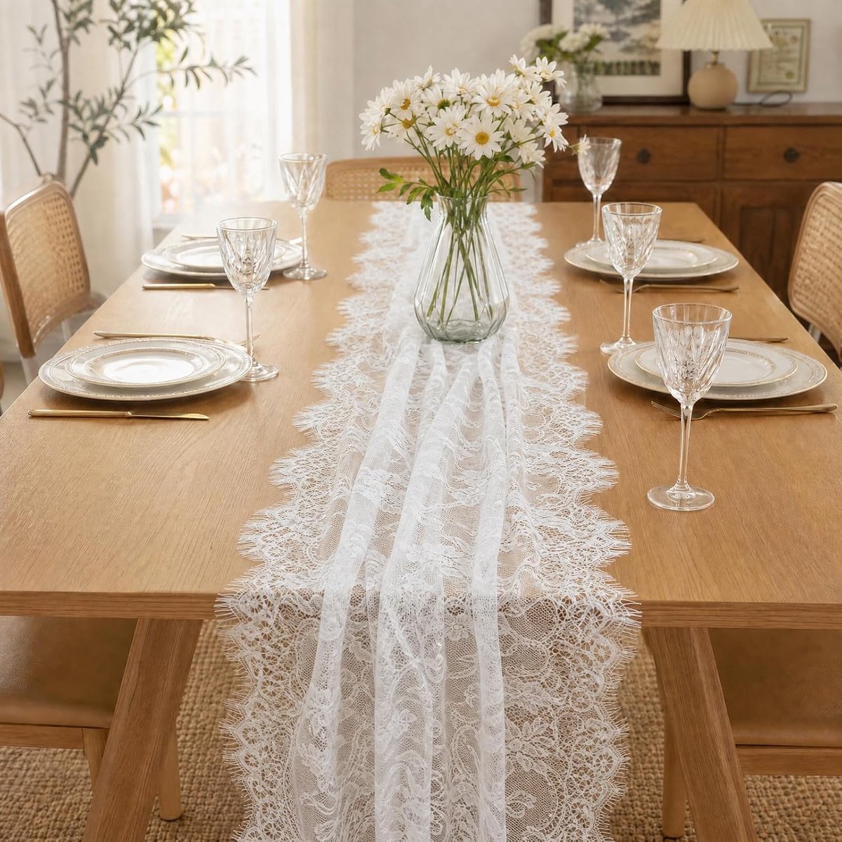 Kant tafelkleed tafelloper vintage boho bruiloft eetkamer
