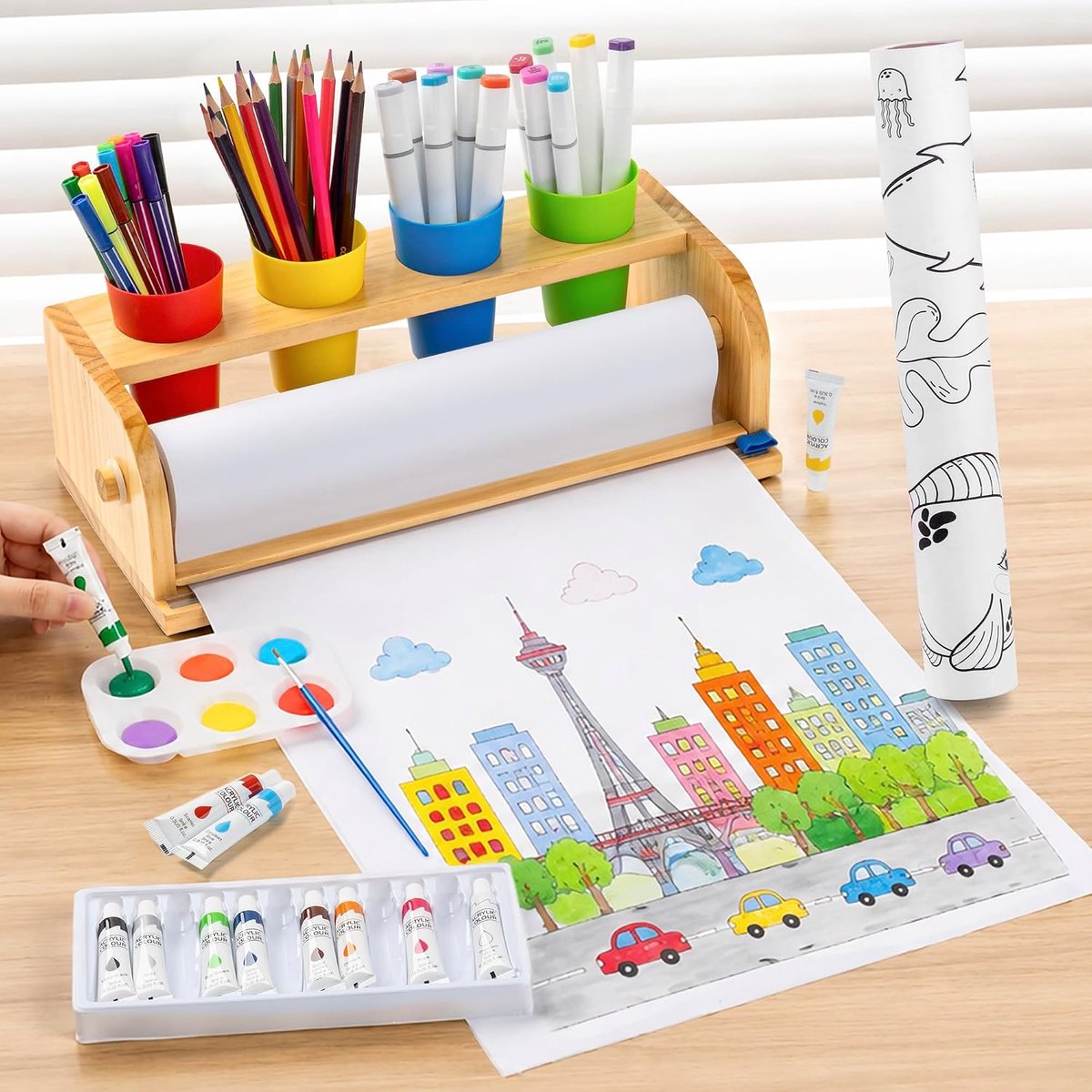 Schilderrol voor kinderen met papierrol, 34-delige schilderset, houten tafelpapierrolhouder met antislip papiersnijder, schilderpapier, verf en penseel
