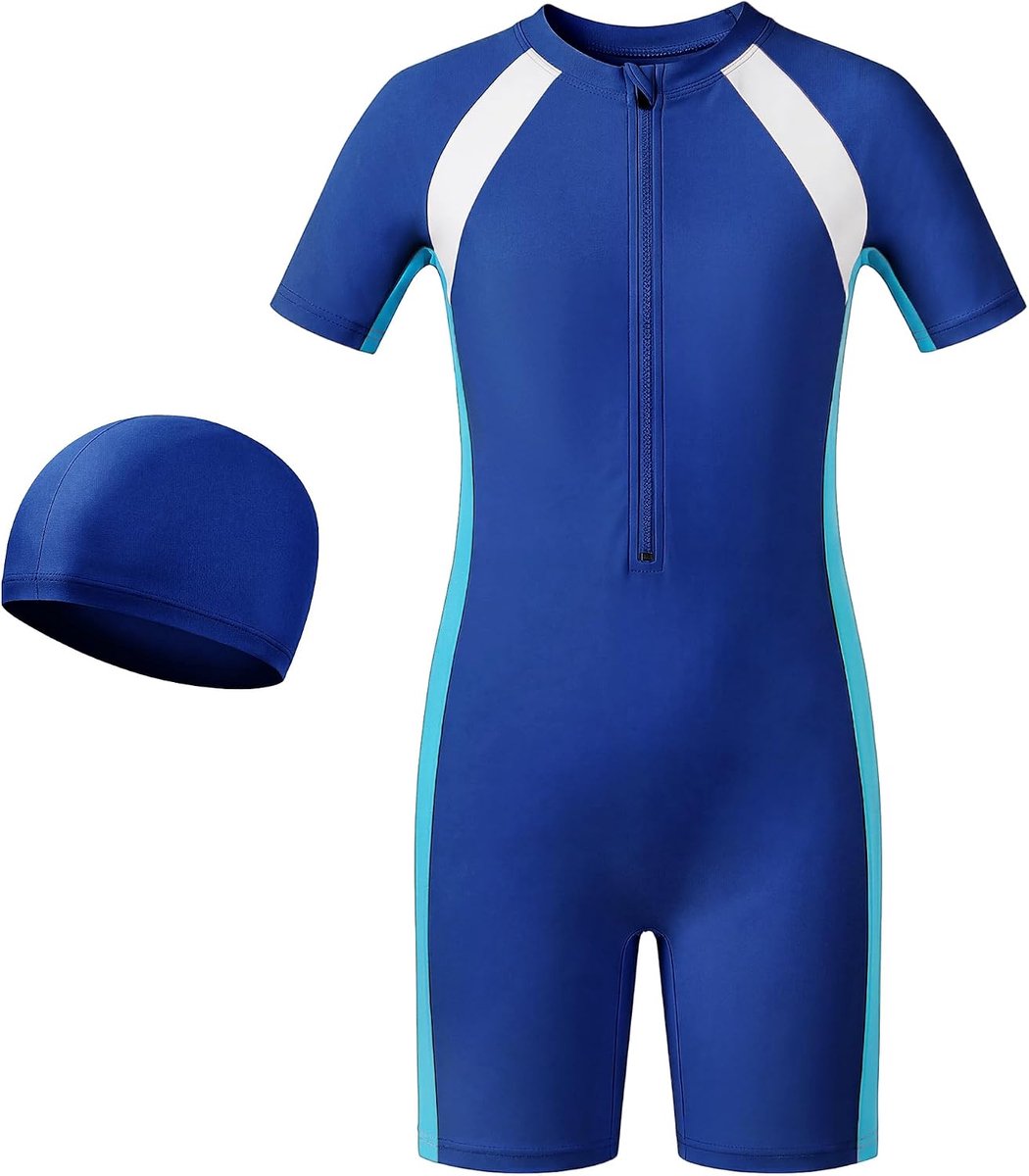 Kinderzwempak met badmuts voor jongens en meisjes, zwempak met korte mouwen en ritssluiting, zomerkleding, badmode, zwemkleding voor strand, zwembad en zwemles 4-12 jaar