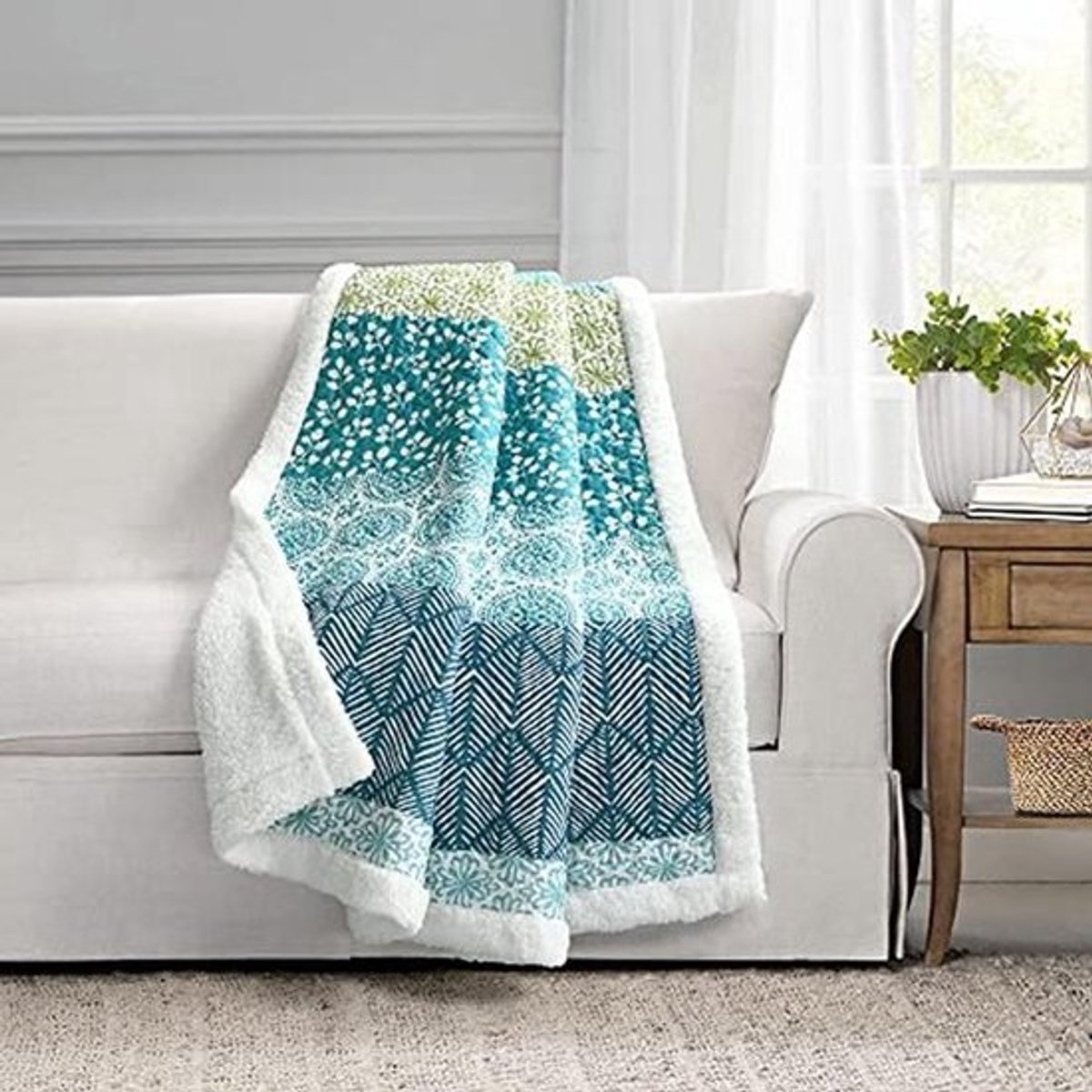 Bohemian Stripe Sherpa Plaid Deken 60x50 Inch - Blauw en Groen