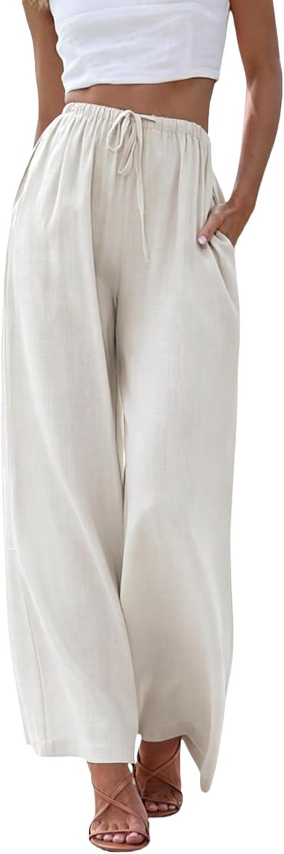 Linnen broek voor dames, lichte zomerbroek, lange vrijetijdsbroek, brede pijpen, mousseline broek, Palazzo licht, breed, zomerstrandbroek met zakken