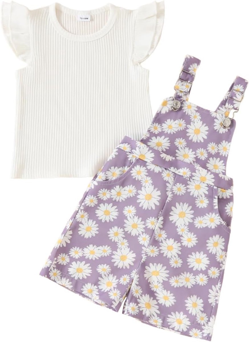 Babykleding voor meisjes, zomer, geribbelde top met korte mouwen en shorts met bandjes met schattige madeliefjes, 2 stuks kinderset
