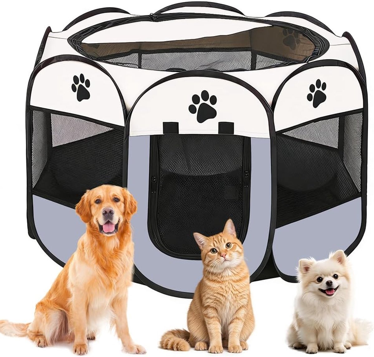 Hondenkooi voor woning, 74 x 74 x 43 cm, dierenbox, puppyuitloop, buitenhok, kattenhok, outdoor en binnen, voor kleine dieren zoals honden en katten (grijs + pootafdrukken)