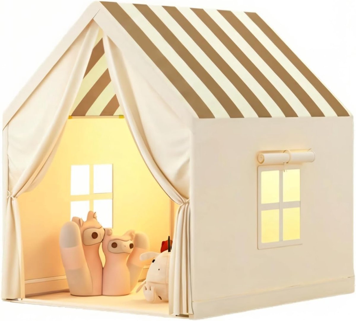 Speeltent voor kinderen met gestreept dak, beige en oranje polyester speelhuis met raam en gordijnen, 130 x 100 x 120 cm voor binnen en buiten kindertent
